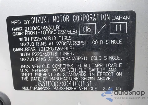 2012 Suzuki Grand Vitara Limited from USA, damaged, VIN JS3TD0D7XC4100131